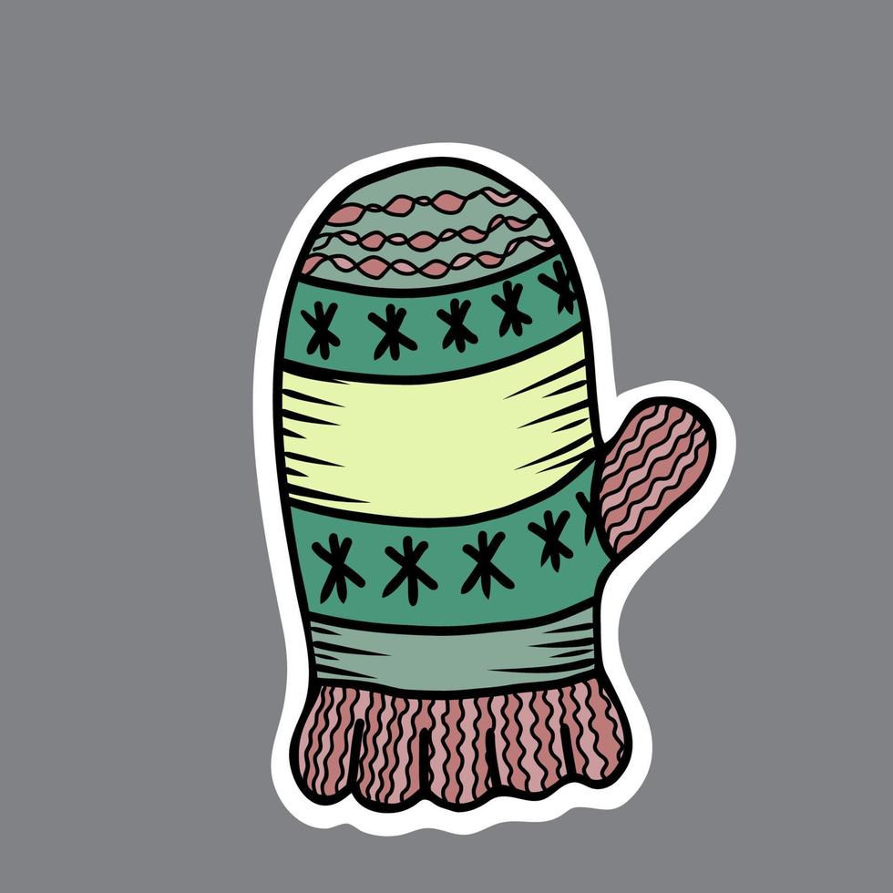 Vector christmas sticker. Hand drawn knitted mitten.