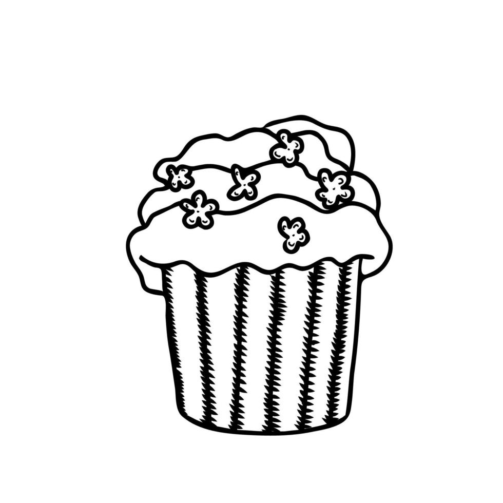 Vector hand drawn black and white cup cake.