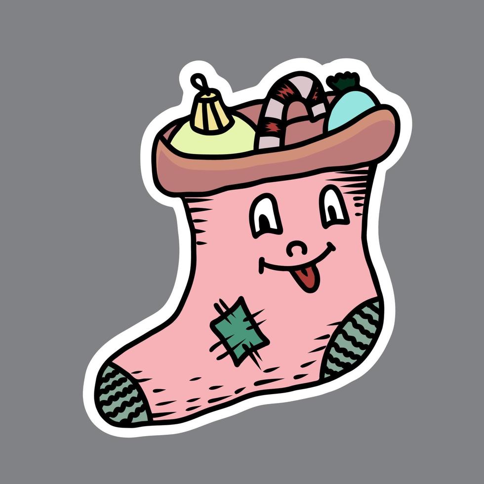 Vector christmas sticker. Hand drawn christmas stocking.