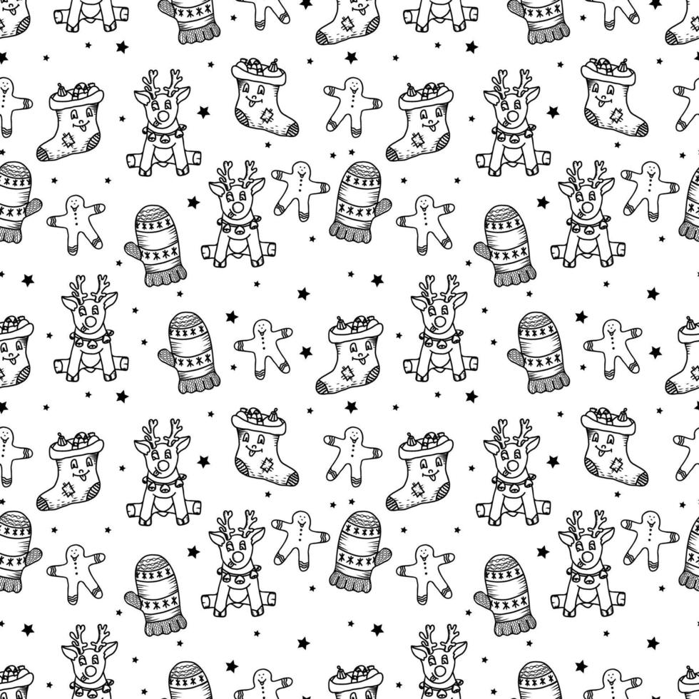 Hand drawn black and white vector Christmas seamless pattern.