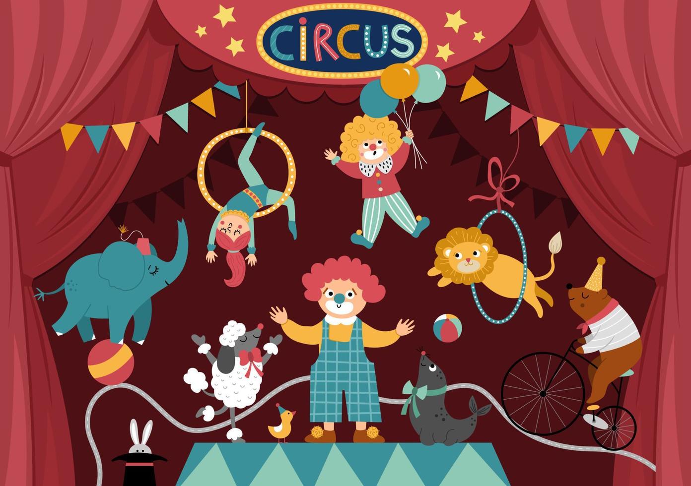 escenario de circo vectorial con cortinas rojas, artistas, payasos, animales. escena de espectáculo callejero con personajes lindos. fondo plano del festival. evento de vacaciones o diseño de tarjeta de espectáculo de entretenimiento vector