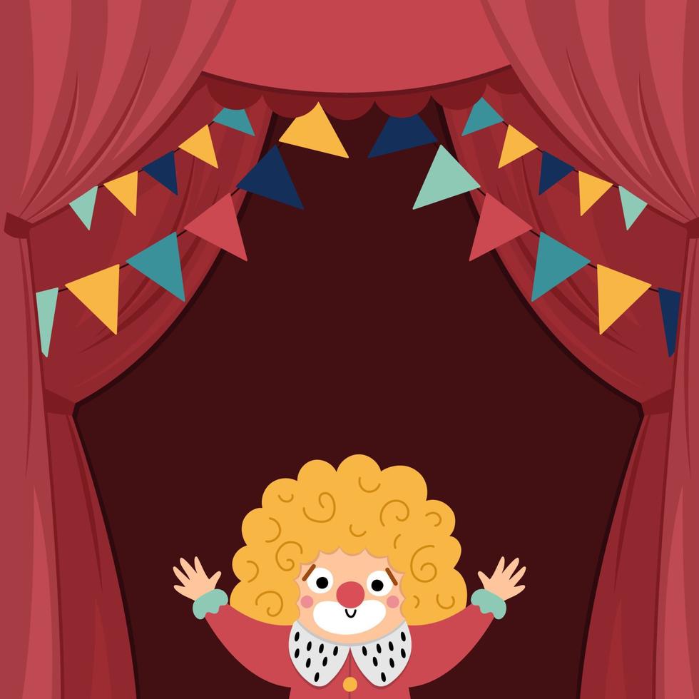 Vector circus stage with red curtains, flags, clown and place for text. Square concert scene background. Flat hall decoration. Holiday event or entertainment show presentation or card design