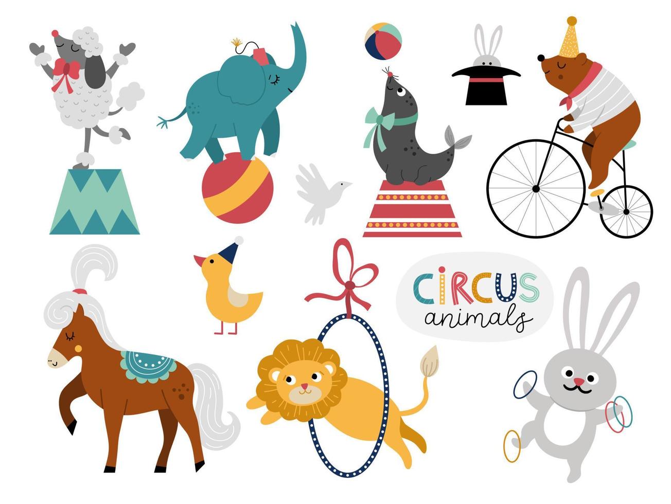 conjunto de vectores con animales de circo. paquete de iconos de vacaciones de diversión. lindas y divertidas imágenes prediseñadas de personajes del festival. ilustración de comediantes de espectáculos callejeros con elefante, oso en bicicleta, león, caballo, conejo, caniche