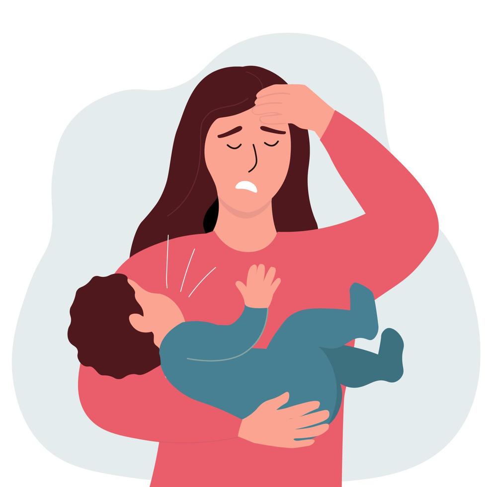 una madre con un niño en brazos. el bebé está llorando, la mujer tiene dolor de cabeza, depresión, es difícil para ella. dificultades en la familia. gráficos vectoriales vector