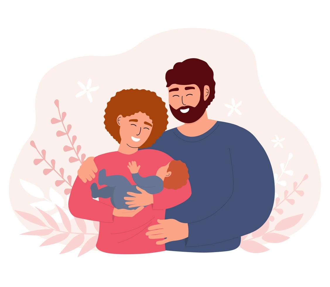 A mother with a baby in her arms and a father hugging. Happy loving family. Vector graphics.