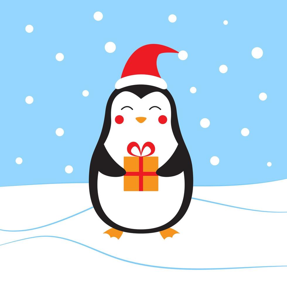 lindo personaje de pingüino de dibujos animados con un regalo. pingüino de navidad. diseño de tarjetas de felicitación. ilustración vectorial en estilo plano vector