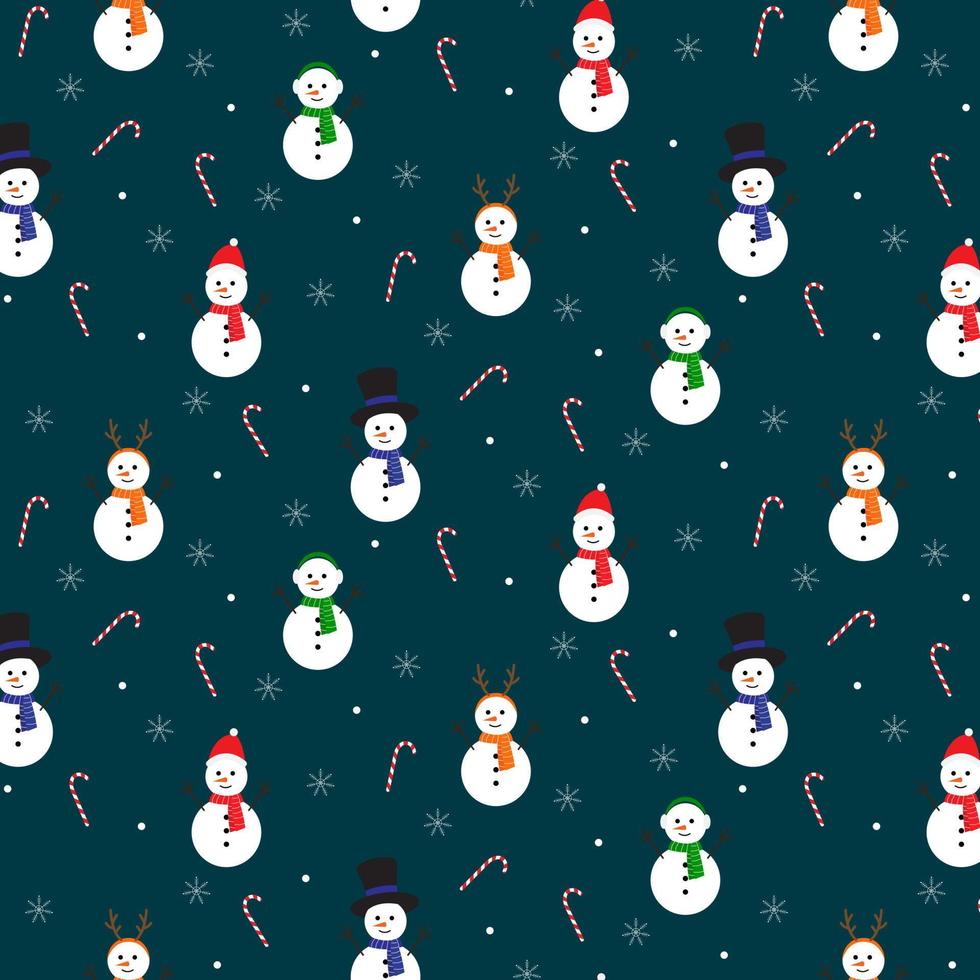 patrón sin fisuras de navidad con muñecos de nieve, bastones de caramelo y copos de nieve. para envolver papel, textil, fondo. ilustración vectorial vector