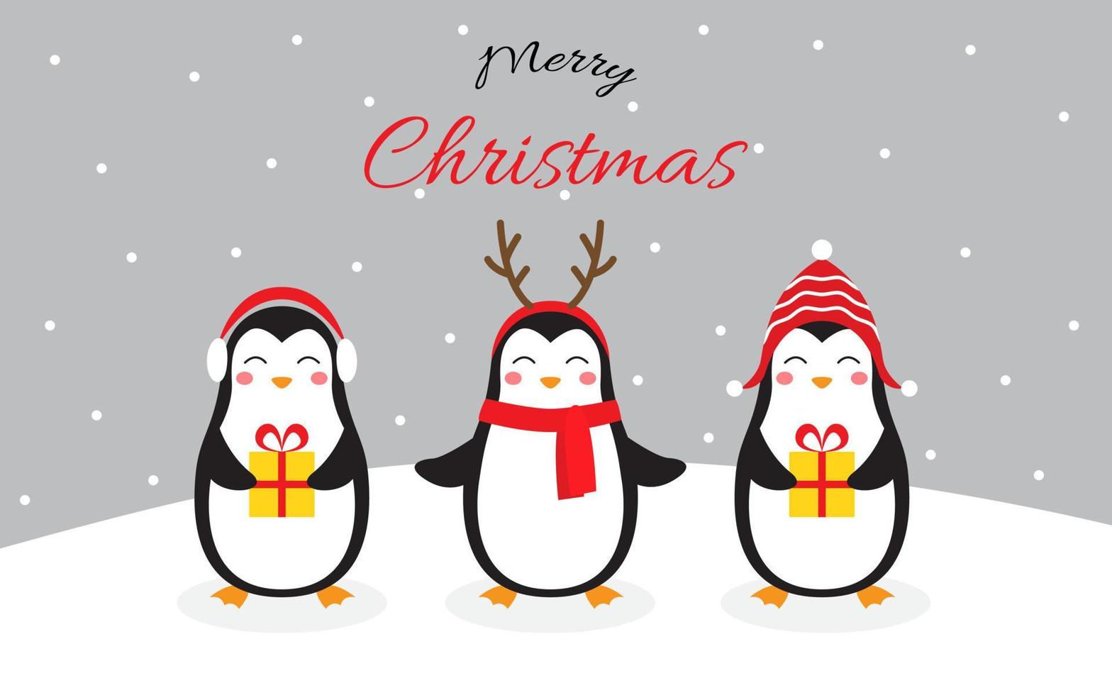 Cute characters Christmas penguins on a snowy background. Christmas greeting card. Vector illustration in doodle style
