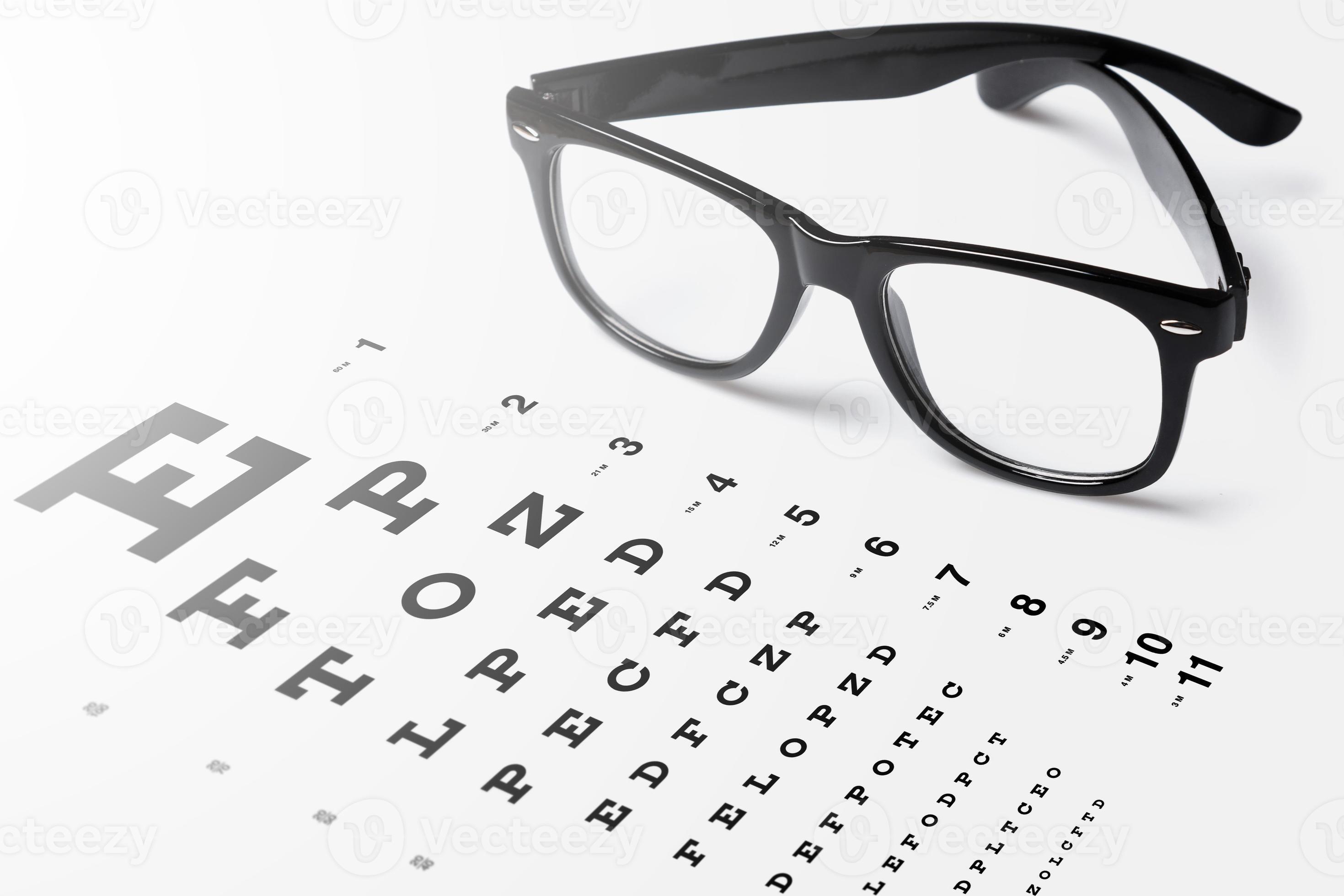 Eye chart for visual acuity testing and black rimmed eyeglasses 