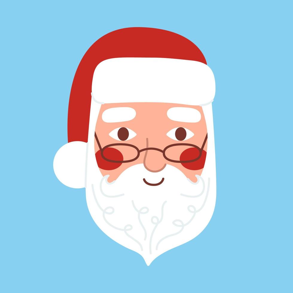 Santa Claus head in a hat, glasses, with a beard and red cheeks isolated on blue background. Vector flat illustration for Christmas, New Year