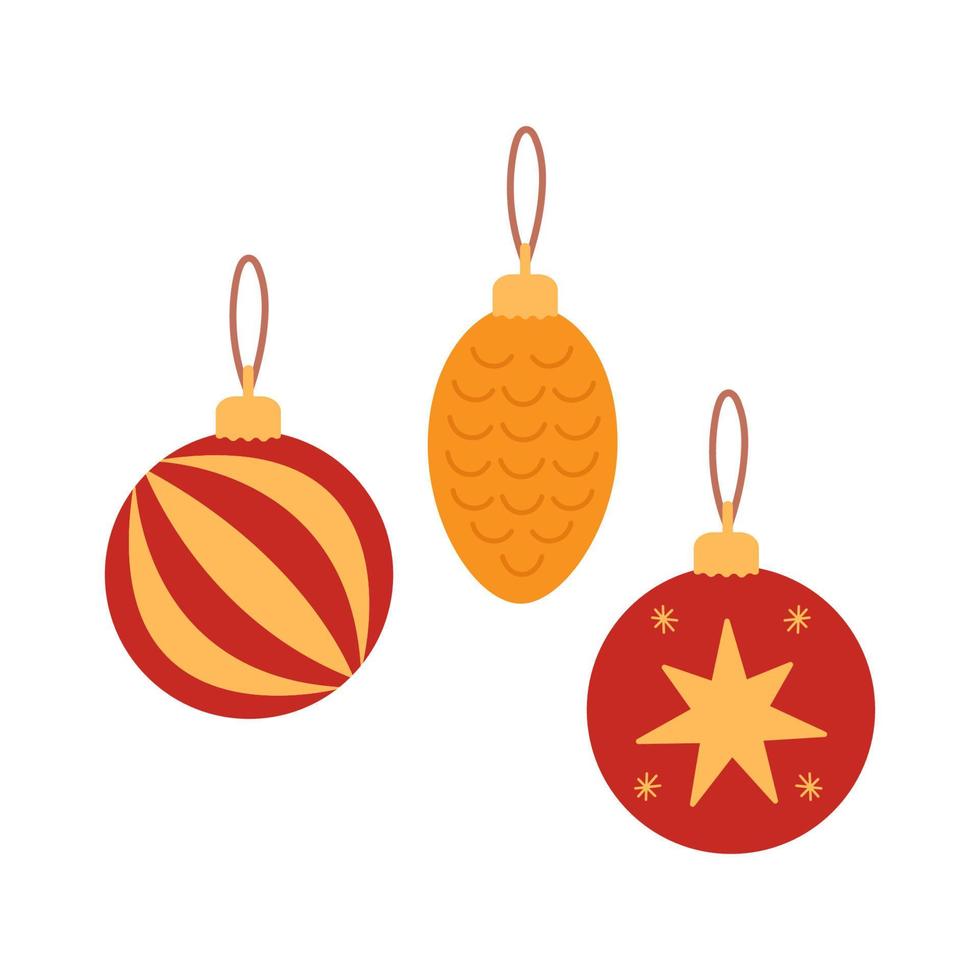 Set of three Christmas tree ornaments isolated on white background. Two balls and a cone in red and yelllow. Decorations for New Year. Vector flat illustration