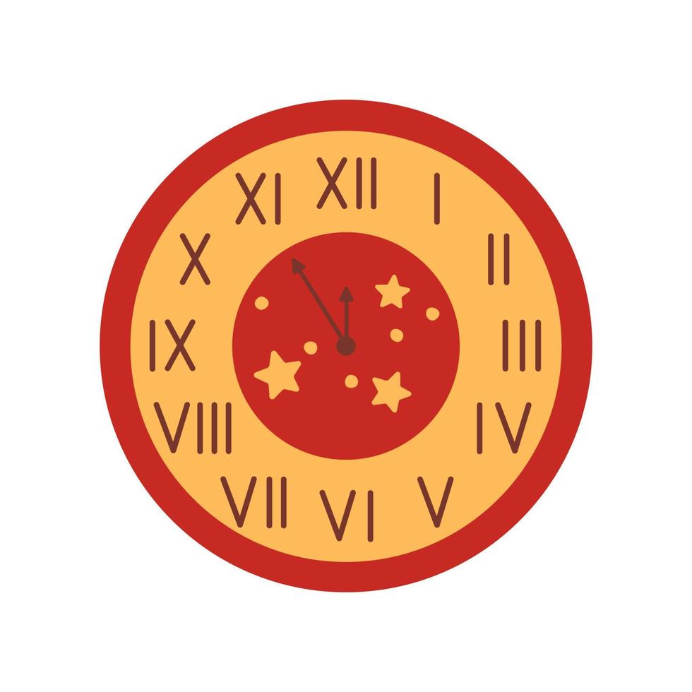 Christmas wall clock with stars isolated on white background. Countdown clock to the New year. Roman numerals. Vector flat illustration