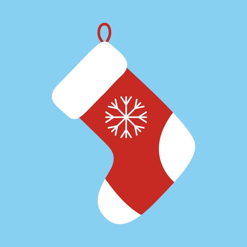 Christmas red and white sock with snowflake isolated on blue background. Vector flat illustration for winter, New Year