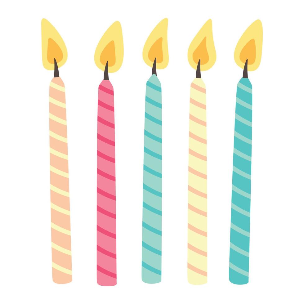 garabatear imágenes prediseñadas planas. un juego de velas de pastel festivo. Todos los objetos están repintados. vector