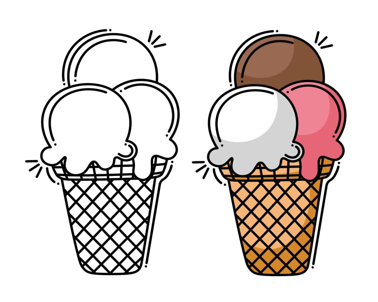 Doodle flat line clipart. Simple vector ice cream. All objects are repainted.