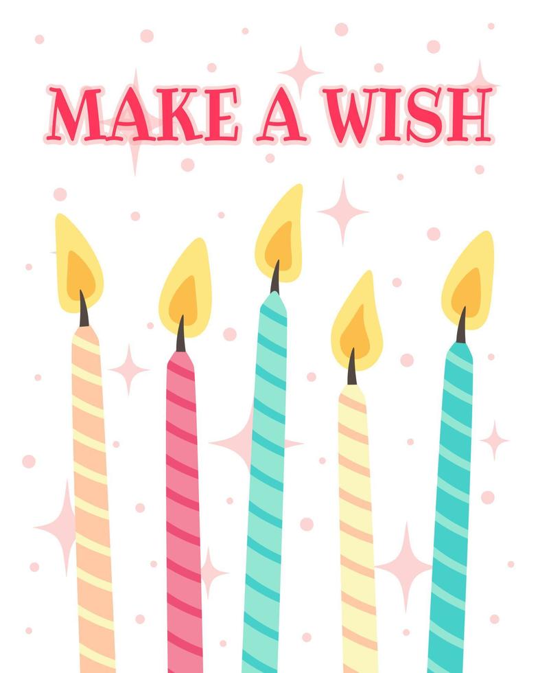 Doodle flat clipart. Birthday card with cake candles. All objects are repainted. vector