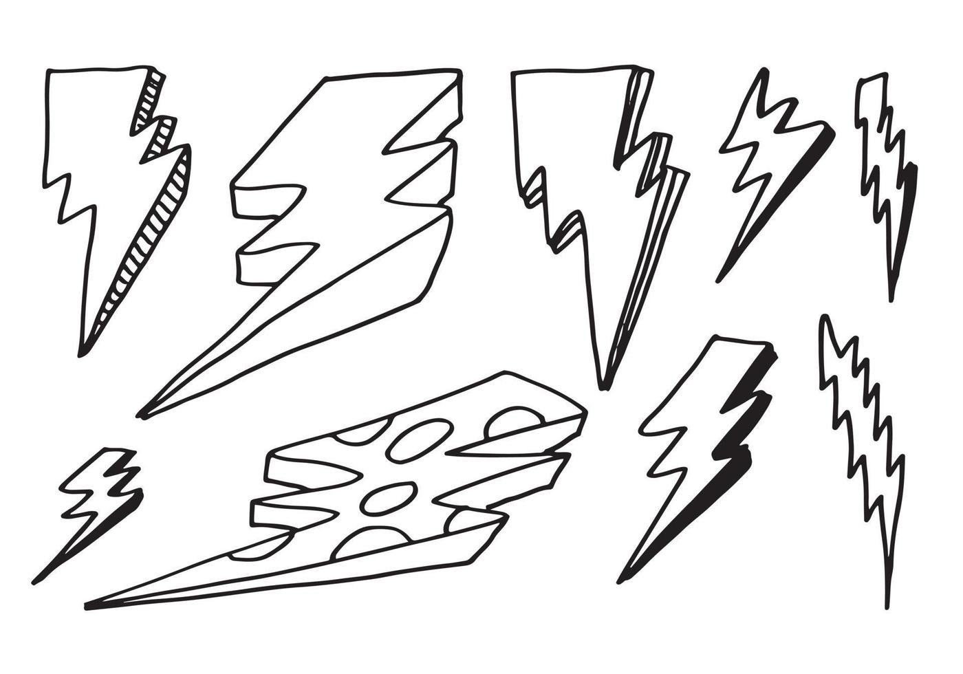 set of hand drawn vector doodle electric lightning bolt symbol sketch illustrations. thunder symbol doodle icon.