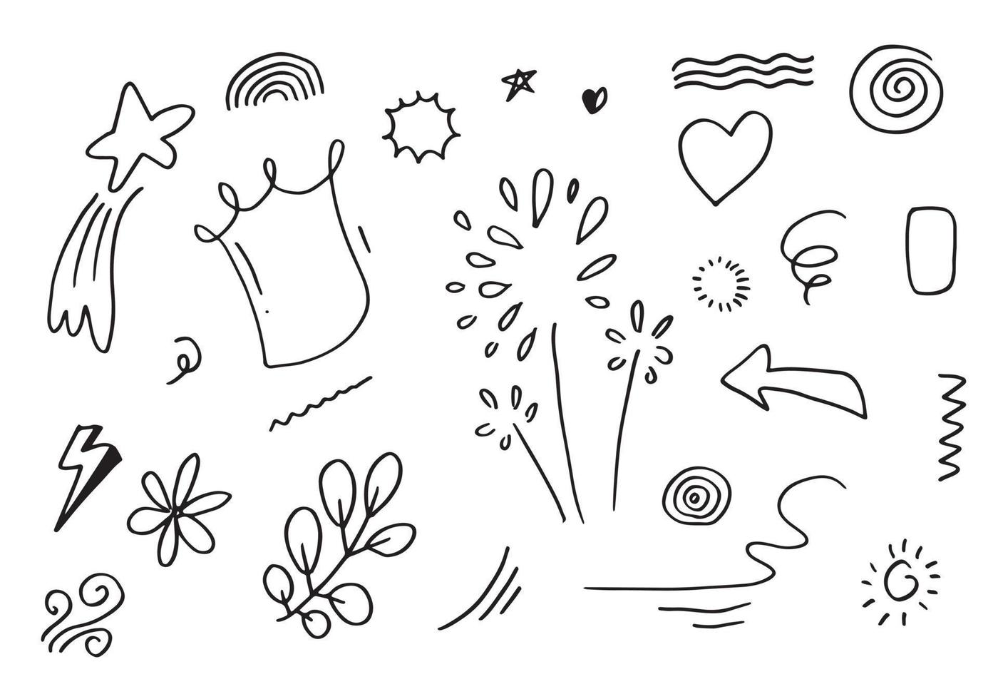 hand drawn set element,black on white background.arrow,leaves,speech bubble,heart,light,king,emphasis,swirl,for concept design. vector