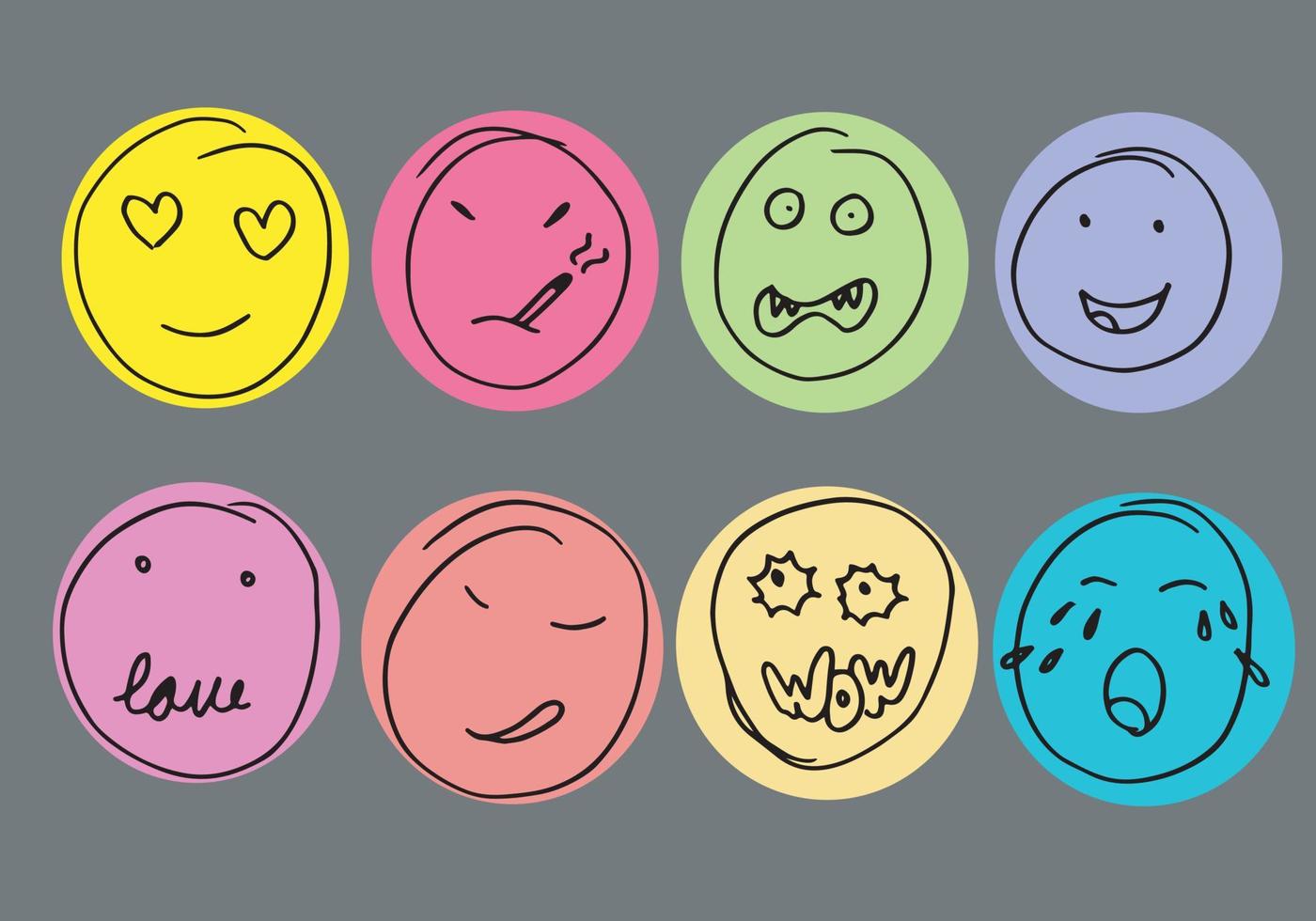 Hand drawn emoticon set, vector on gray background.