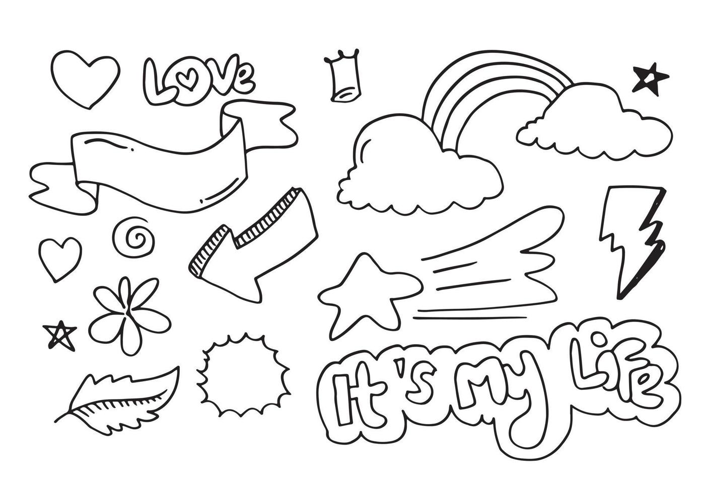 elementos de conjunto dibujados a mano, negros sobre fondo blanco. corazones, nubes, estrellas, rayos, remolinos, hojas, flores, flechas y, es mi vida, texto de amor para diseños conceptuales. vector