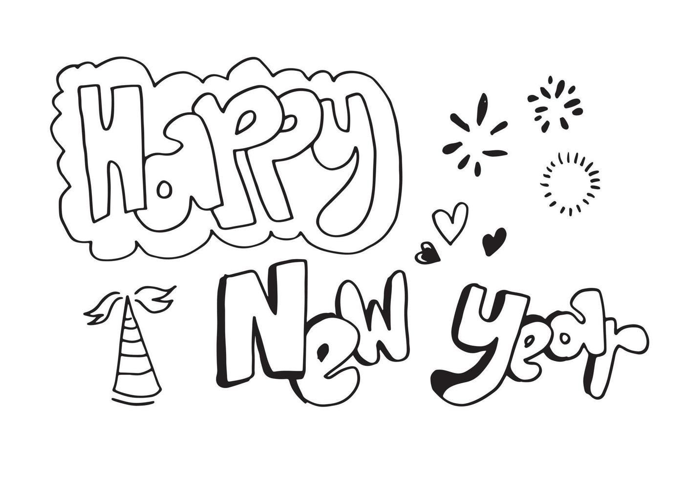 Happy new Year Design Hand Drawn. Doodle illustration.Happy new year script text hand lettering with firework. Design template Celebration typography poster. vector