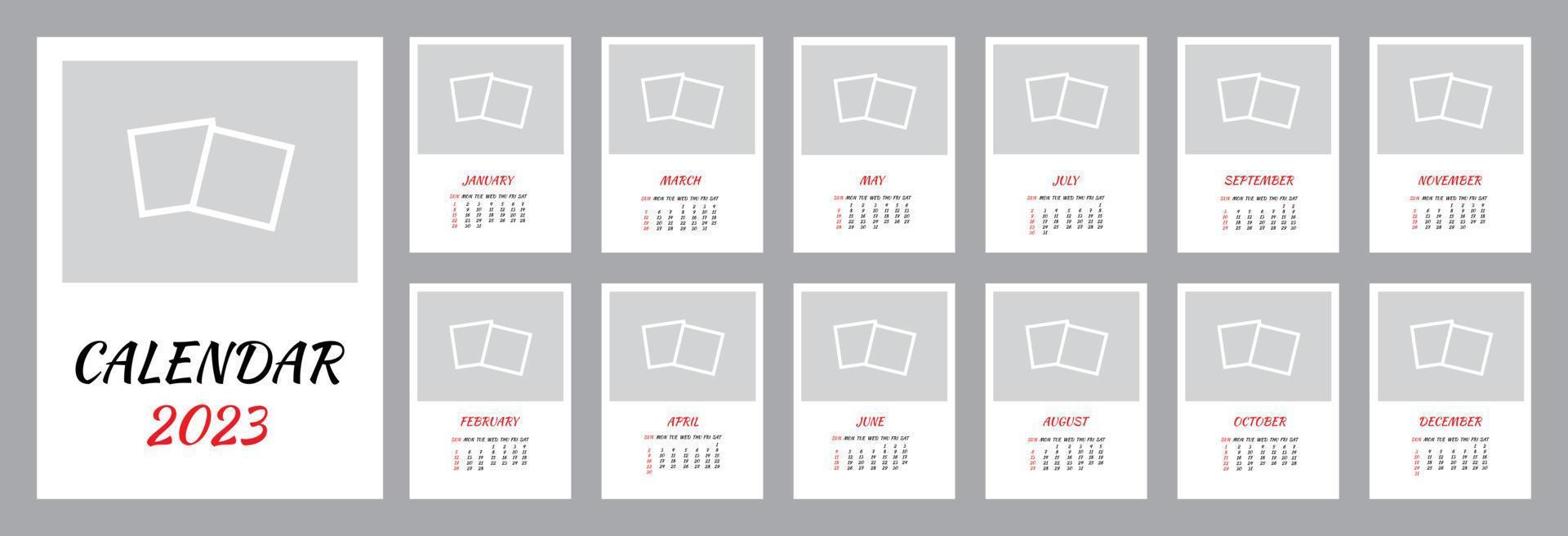Wall Monthly Photo Calendar 2023. Simple monthly vertical photo calendar Layout 2023 year in English. Cover, 12 months templates. Week starts from Sunday. Vector illustration