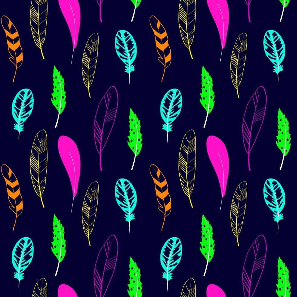 Seamless pattern of colorful feathers on a dark blue background. Design for background, postcard, wrapping paper, textile. Vector illustration