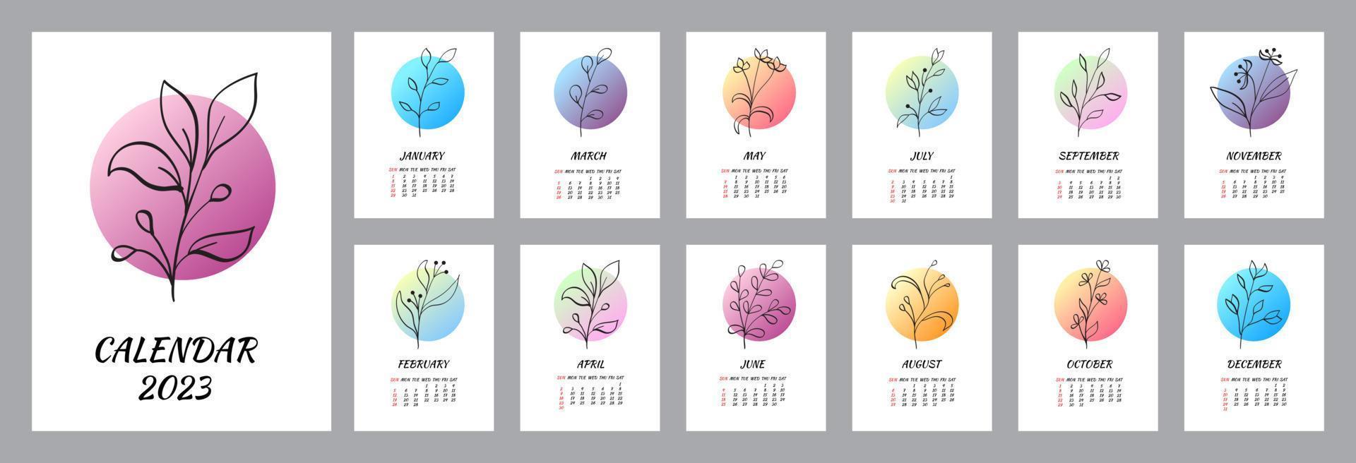 plantilla de calendario para 2023. diseño vertical con arte de línea botánica. colores naturales conjunto de 12 meses con funda. malla vectorial la semana comienza el domingo vector