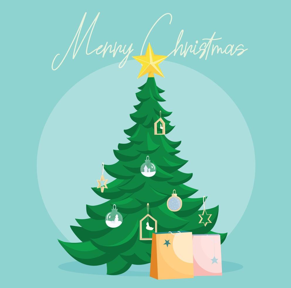 árbol de navidad decorado con bolsas de regalo, adornos navideños de madera retro, navidad vintage, tarjeta de feliz navidad vector