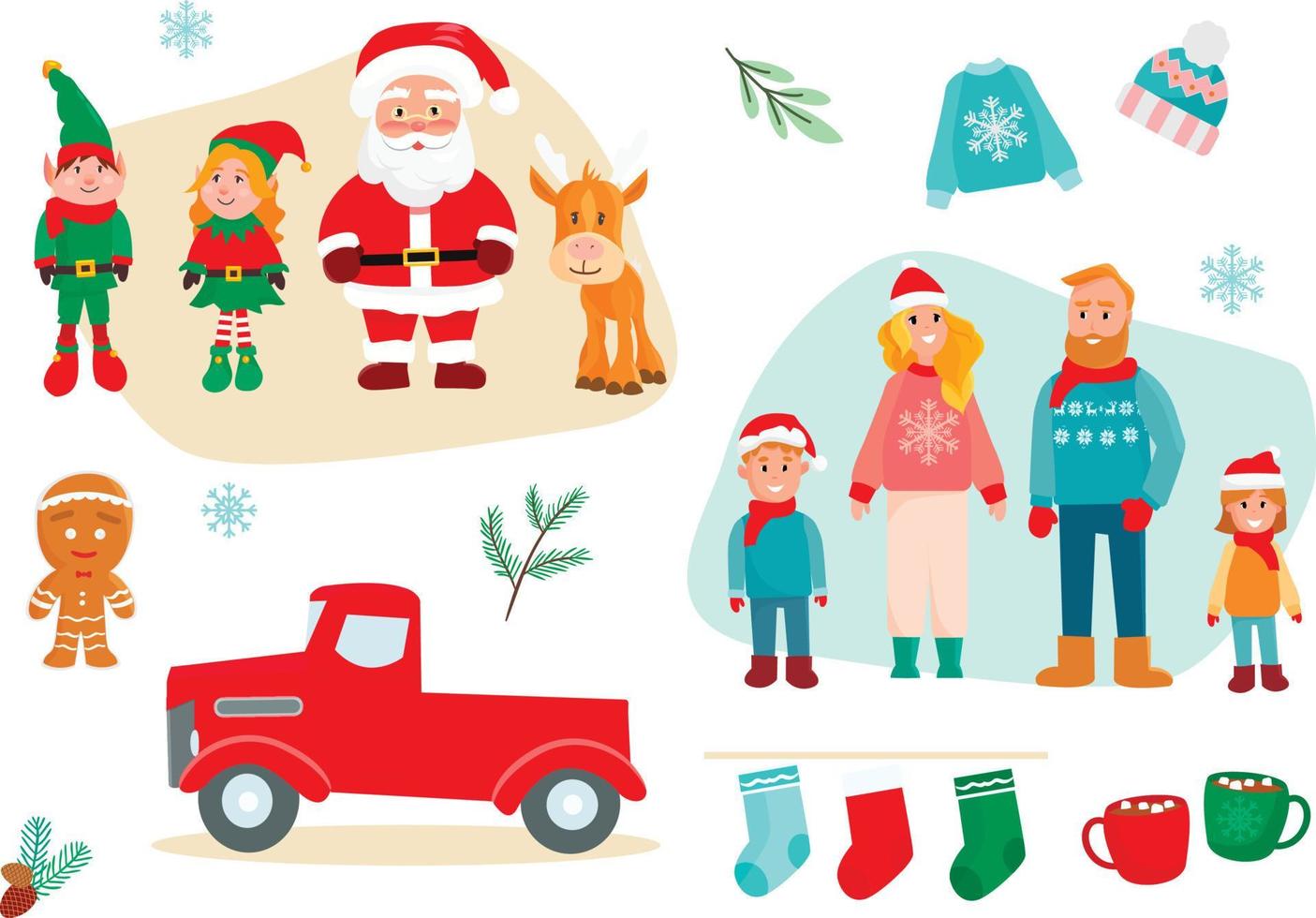 Set of Christmas cute characters and decorations, vector illustration