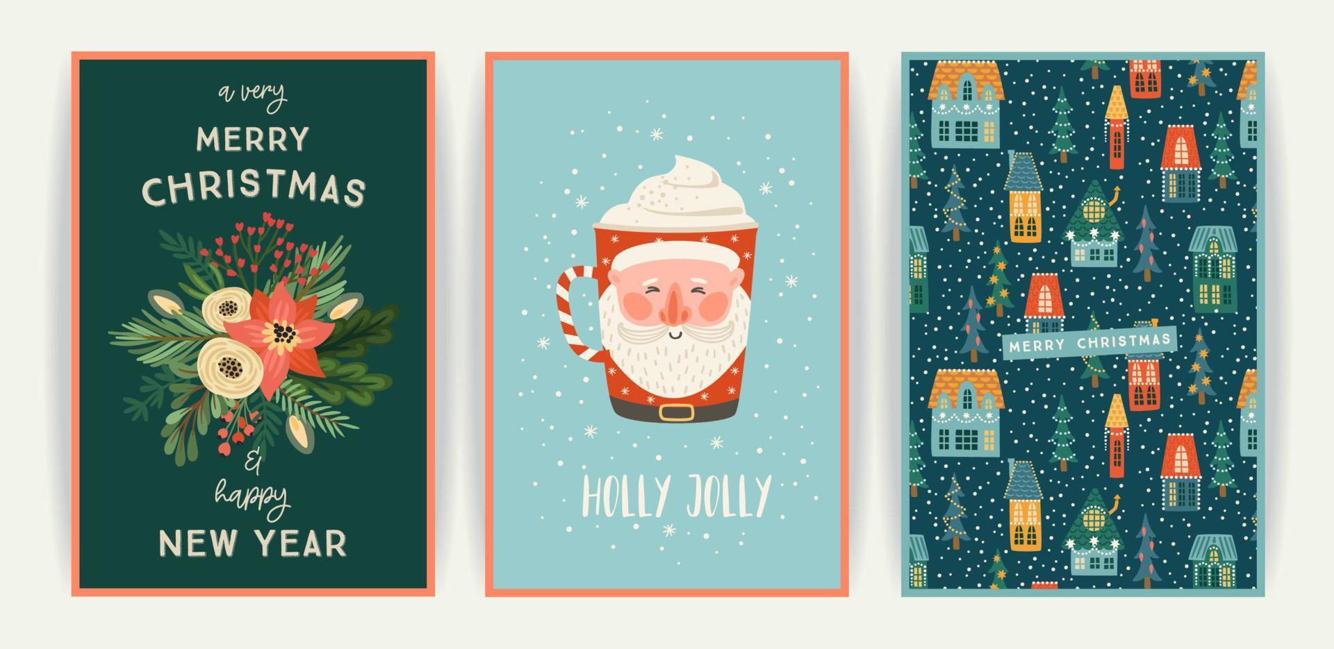 Set of Christmas and Happy New Year cards. Cute bright illustrations witn New Year symbols.. Vector design templates.