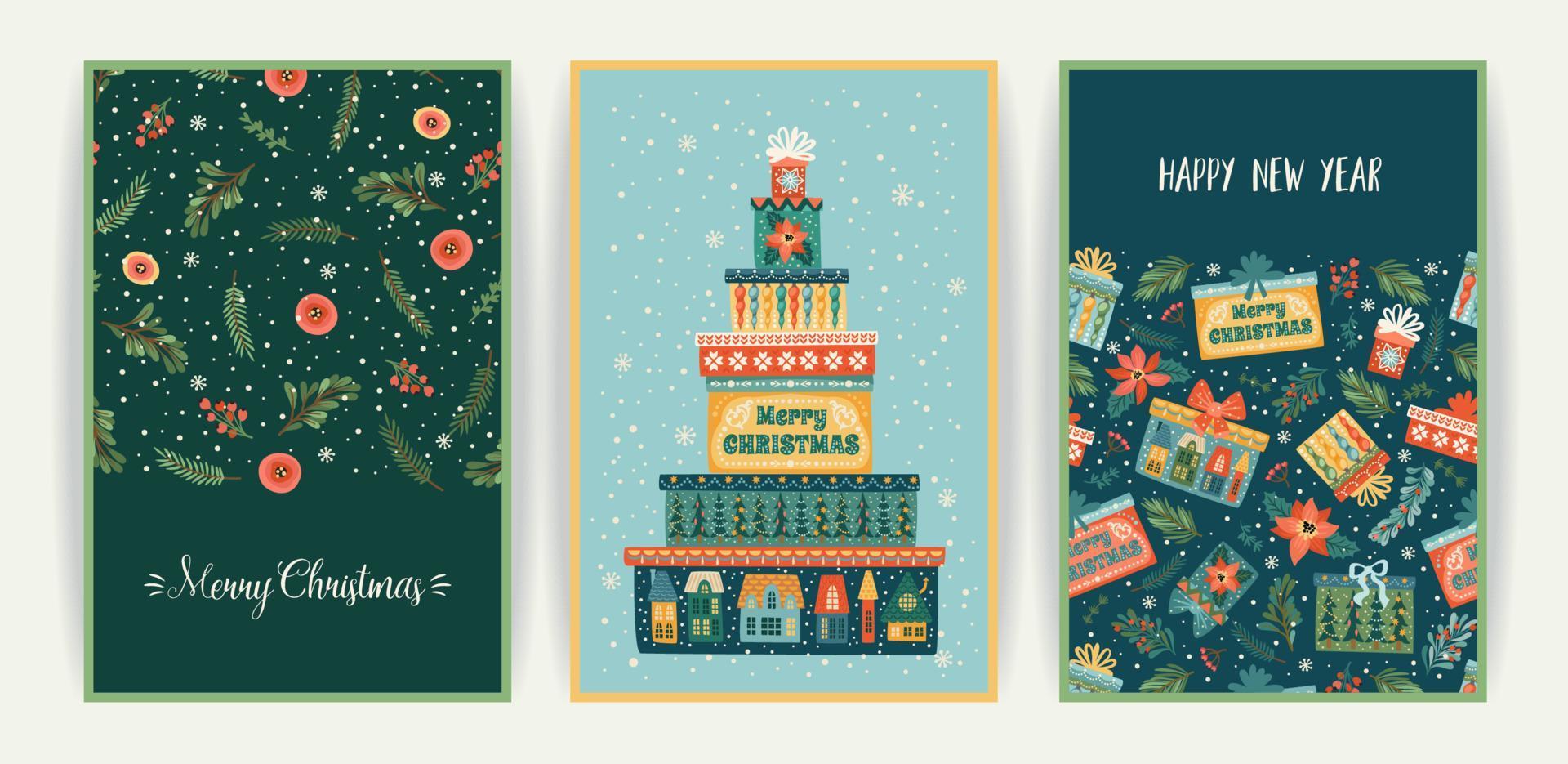 conjunto de tarjetas de navidad y feliz año nuevo. bonitas ilustraciones brillantes con símbolos de año nuevo... plantillas de diseño vectorial. vector