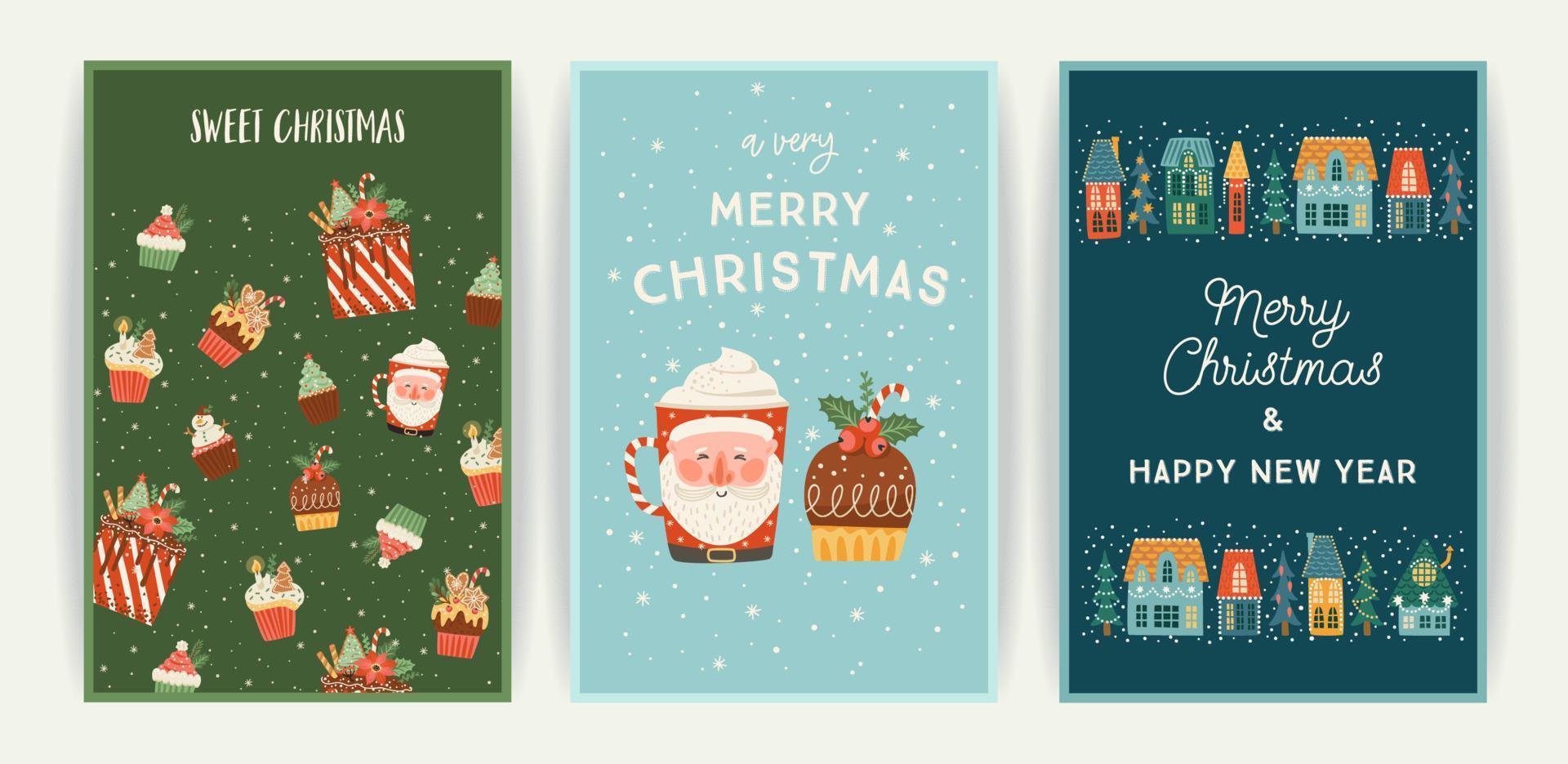 conjunto de tarjetas de navidad y feliz año nuevo. bonitas ilustraciones brillantes con símbolos de año nuevo... plantillas de diseño vectorial. vector