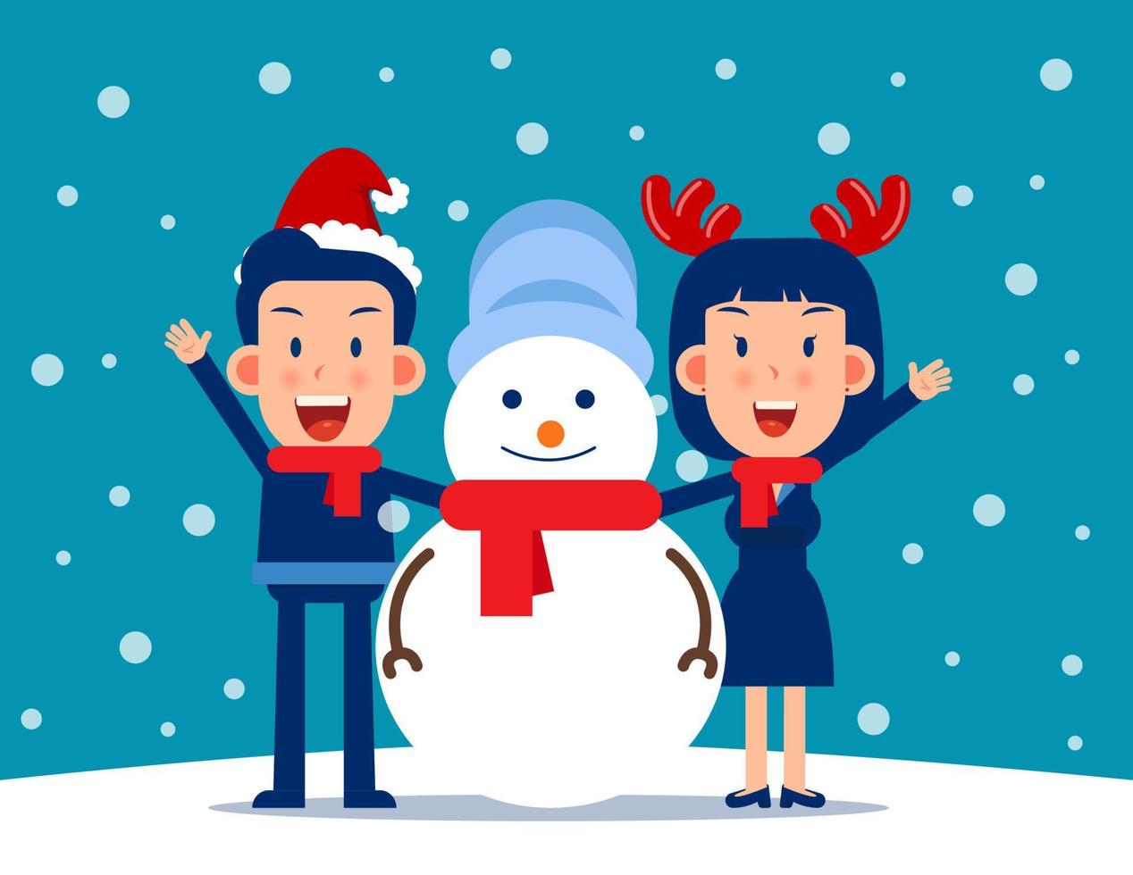 Cute person and a snowman. Winter season concept. Flat cartoon vector style design.