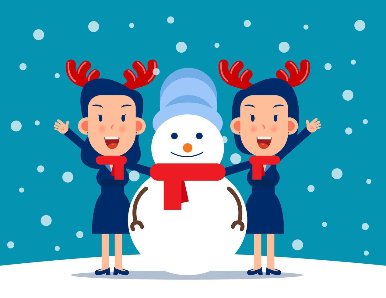 Cute person and a snowman. Winter season concept. Flat cartoon vector style design.