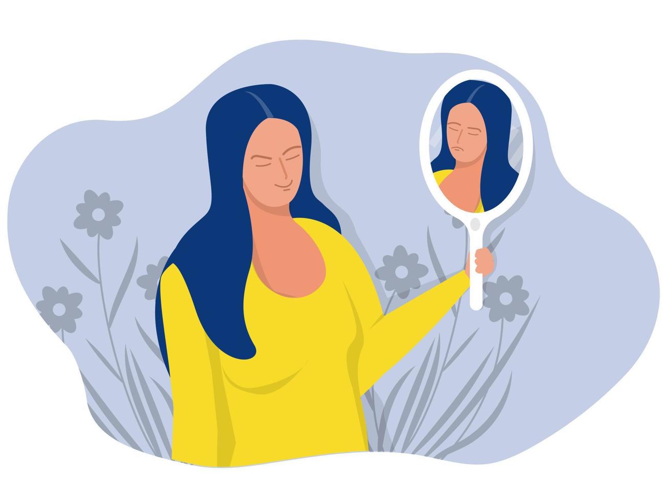 girl looking her self from the mirror face sad or depression often conceal their true feelings or keep them inside mental health concept  flat vector illustration