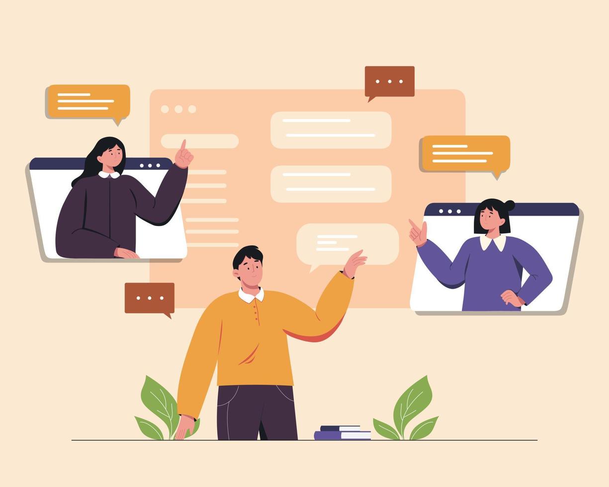 people connecting together meeting online, remote working. cartoon vector illustration with flat style.