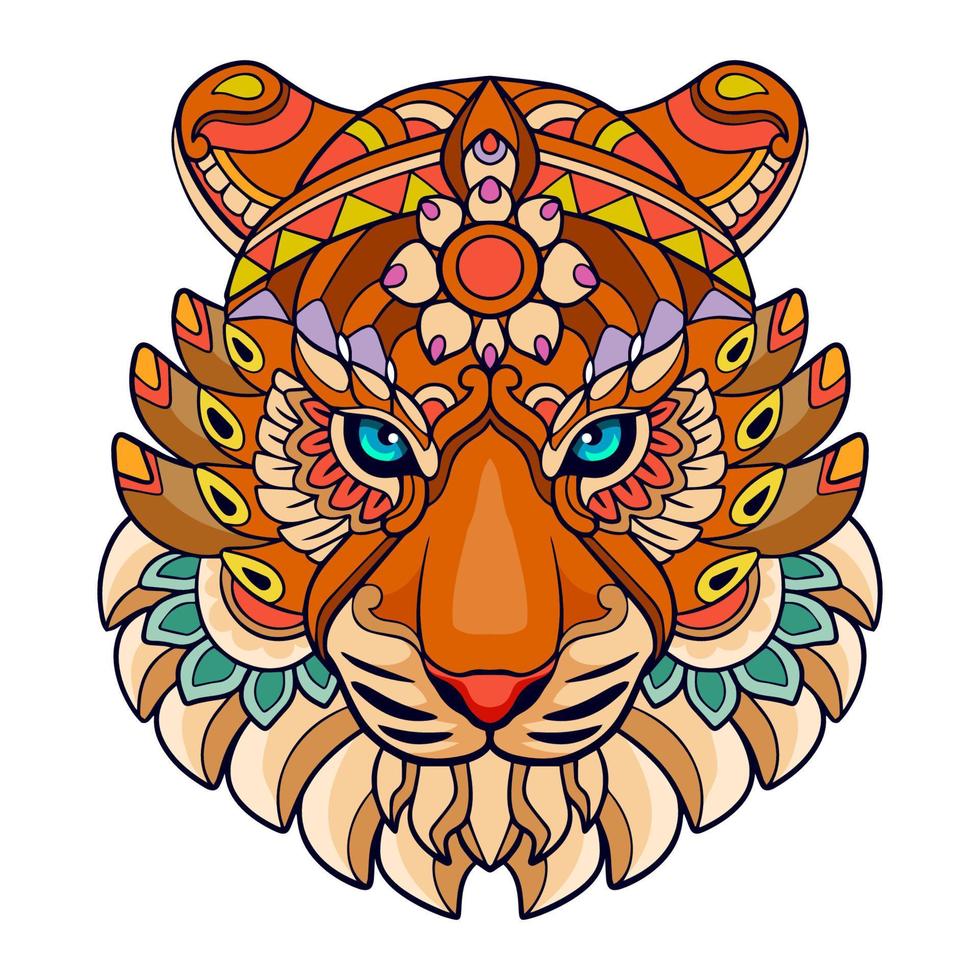 Colorido cabeza de tigre artes mandala aislado sobre fondo blanco. vector