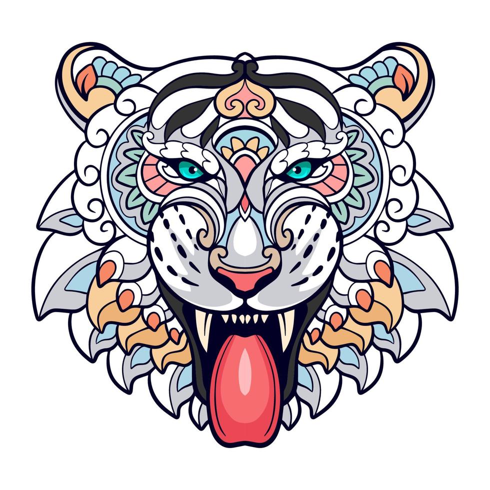 Colorido cabeza de tigre artes mandala aislado sobre fondo blanco. vector