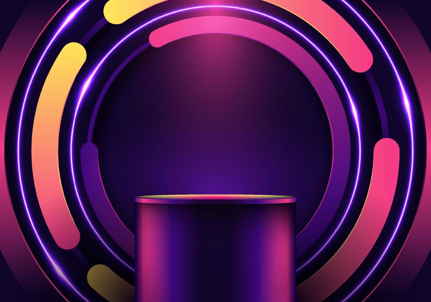 3D podium bright color circles rounded pattern with glowing neon lighting decoration on black background retro style vector