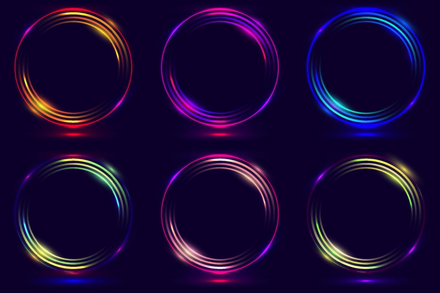 Set of glowing neon color circles round curve shapes isolated on black background technology concept vector