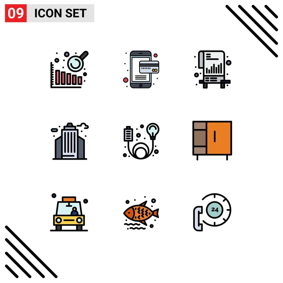 9 User Interface Filledline Flat Color Pack of modern Signs and Symbols of furniture element file cable office Editable Vector Design Elements