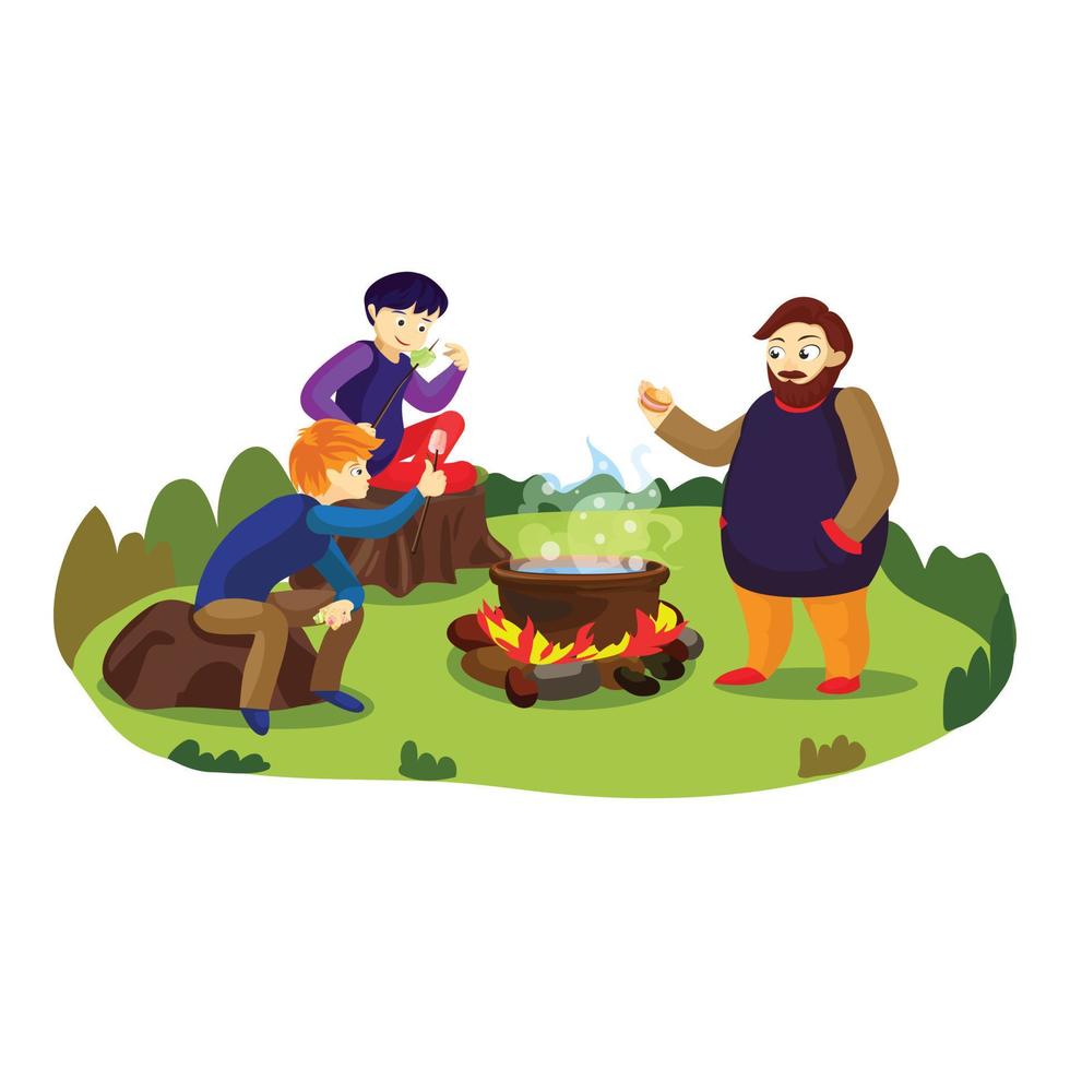 Camp marshmallow on fire concept background, cartoon style vector