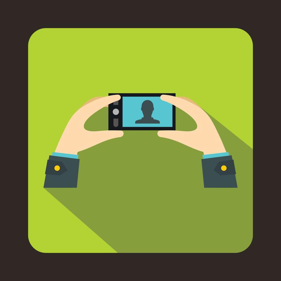 Hands holding a cell phone with photo icon vector