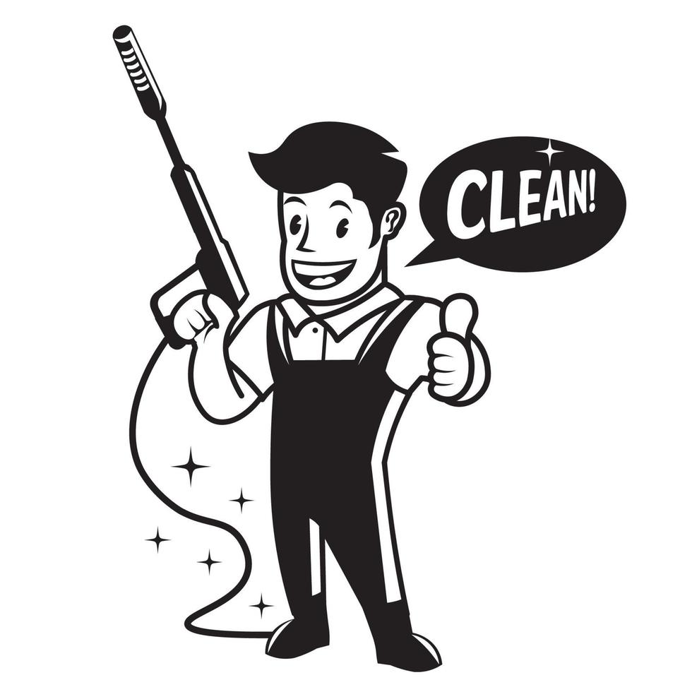 Mascot character Smiling man with Washer gun in retro style, good for cleaning service business logo vector