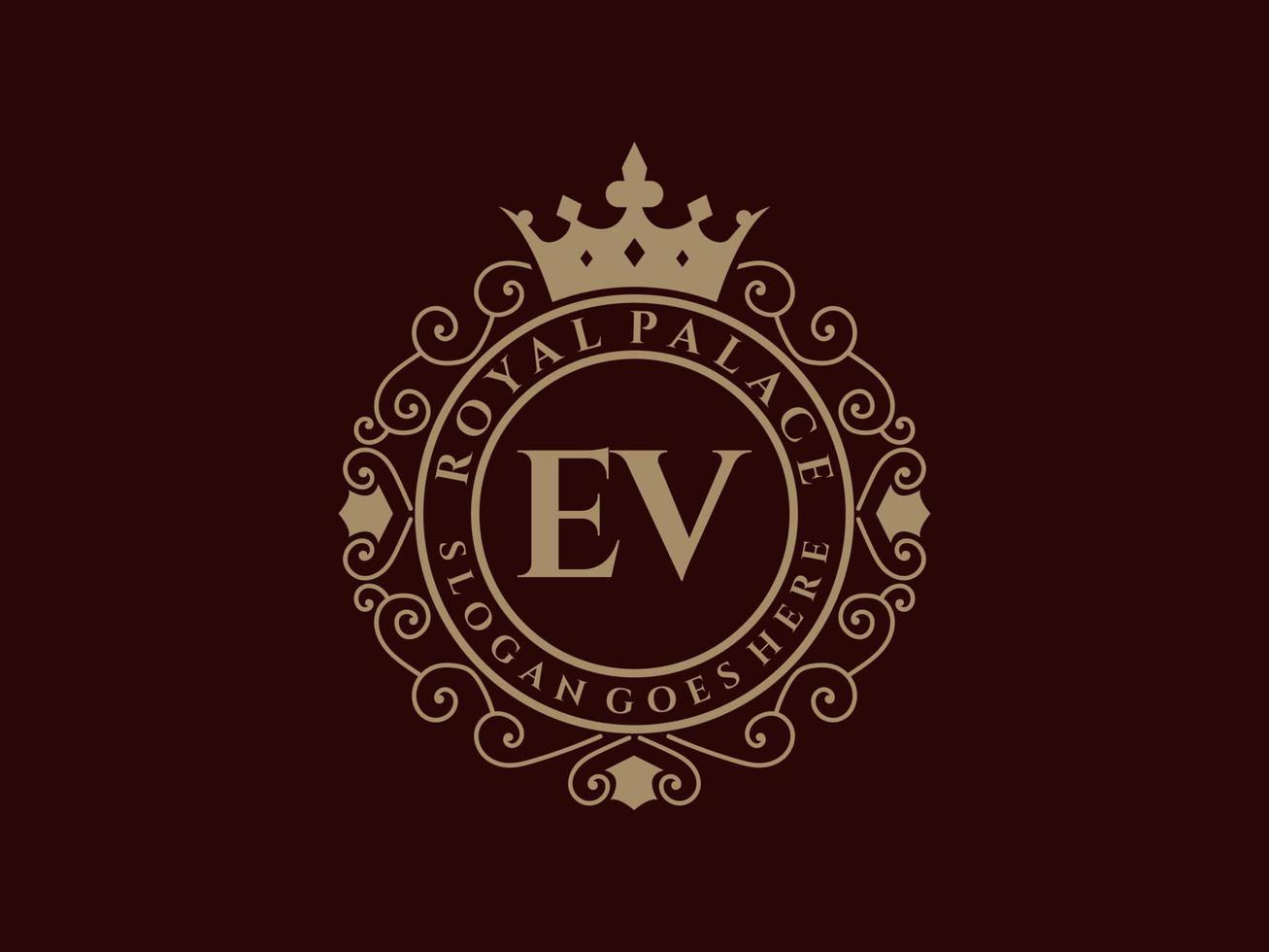 letra ev logotipo victoriano de lujo real antiguo con marco ornamental. vector
