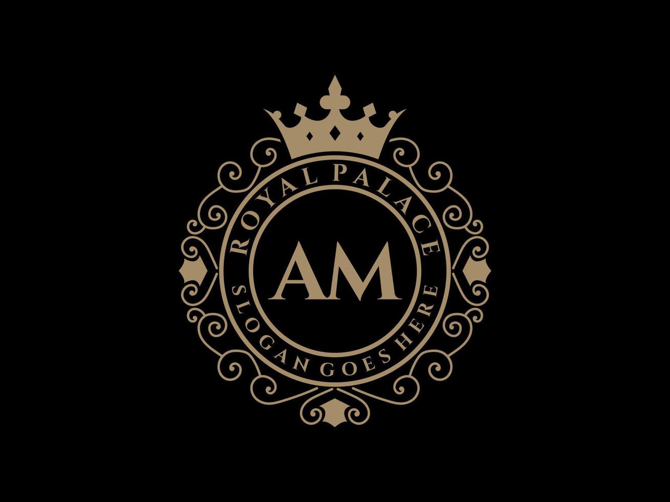 Letter AM Antique royal luxury victorian logo with ornamental frame. vector