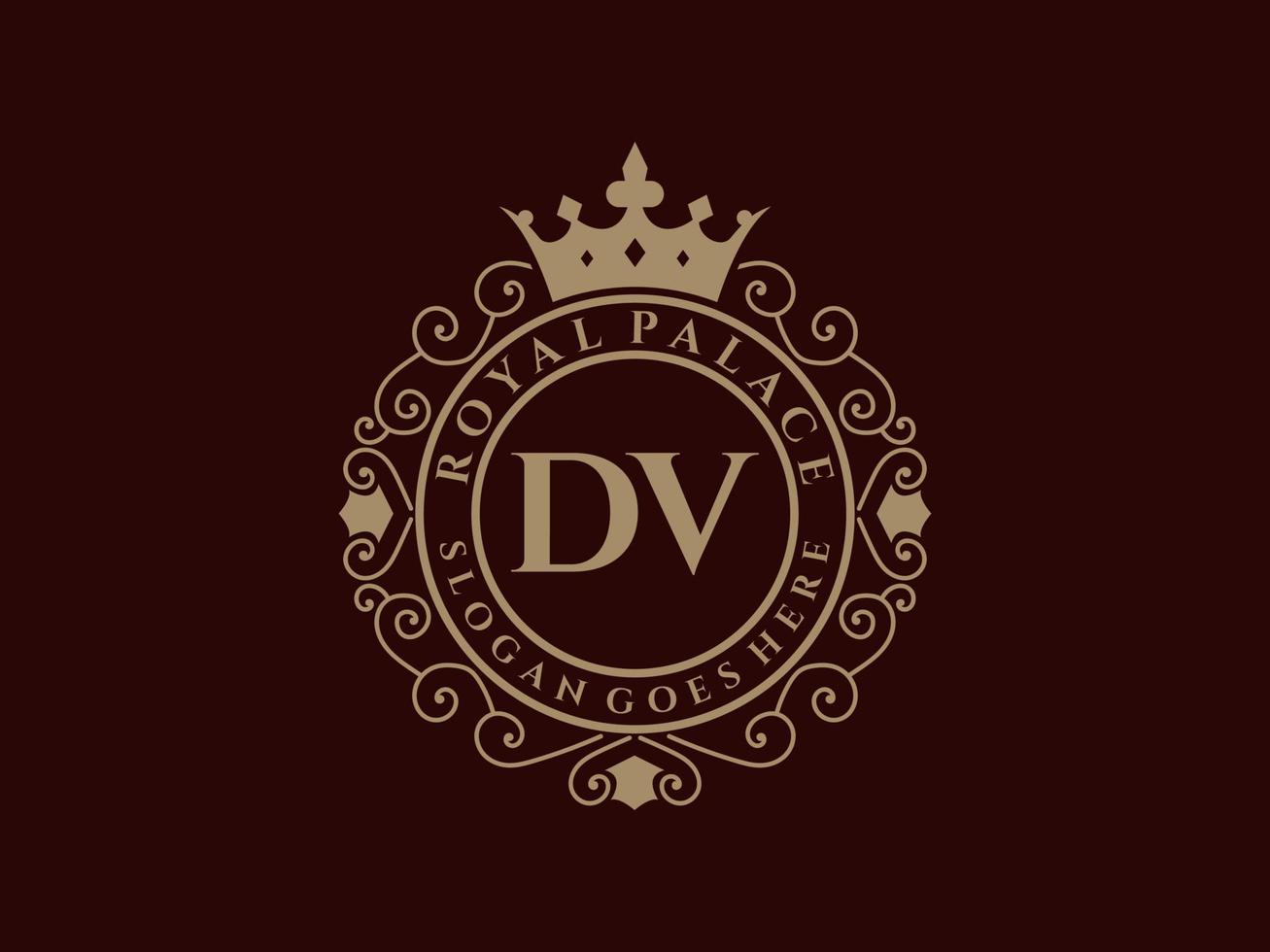 Letter DV Antique royal luxury victorian logo with ornamental frame. vector