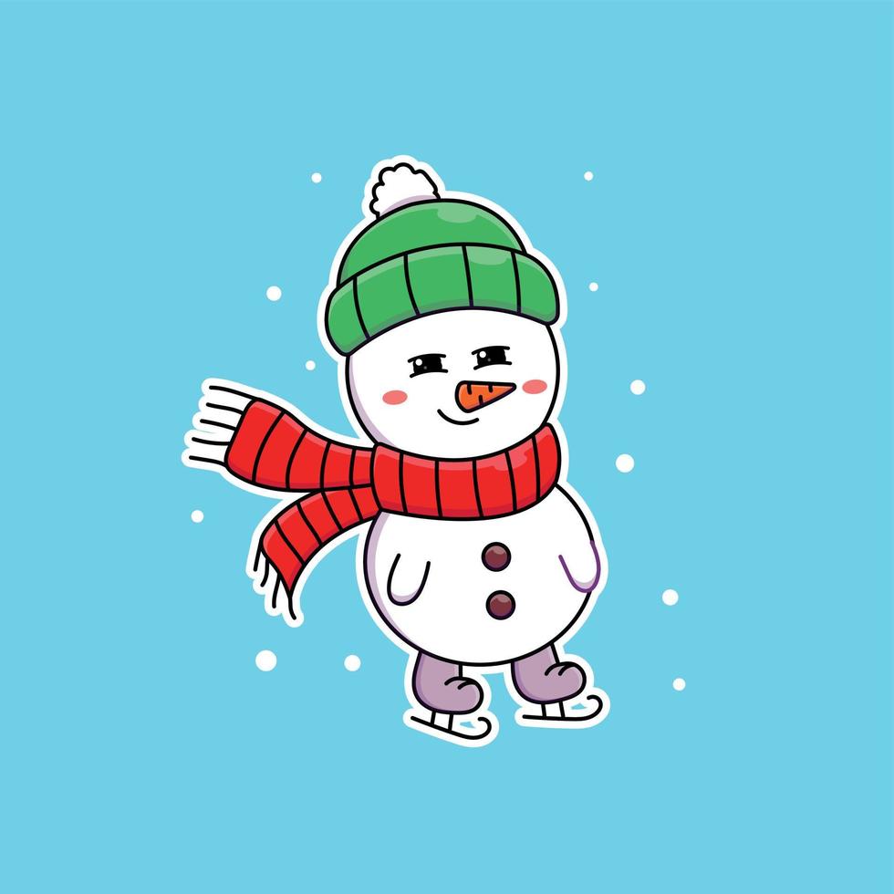 Cute dibujos animados muñeco de nieve patinaje sobre hielo en ilustración vectorial. vector de caracteres aislados. estilo de dibujos animados plana