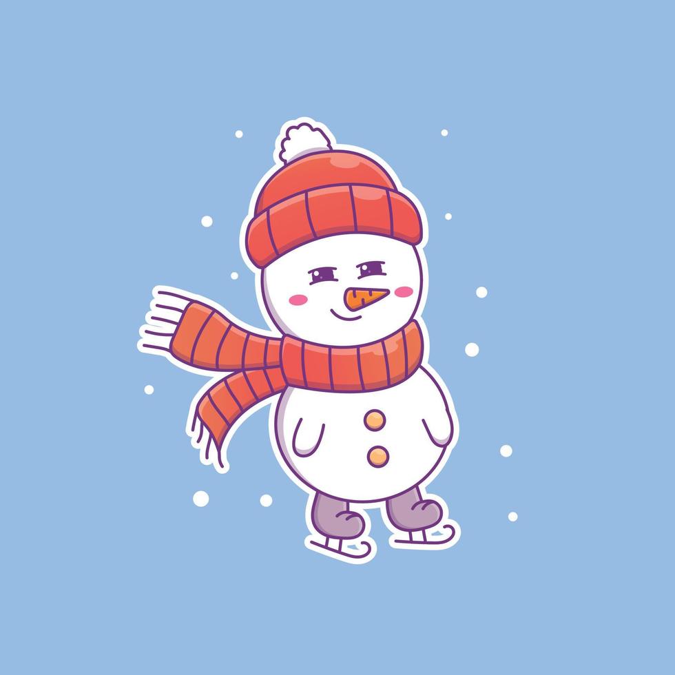 Cute dibujos animados muñeco de nieve patinaje sobre hielo en ilustración vectorial. vector de caracteres aislados. estilo de dibujos animados plana